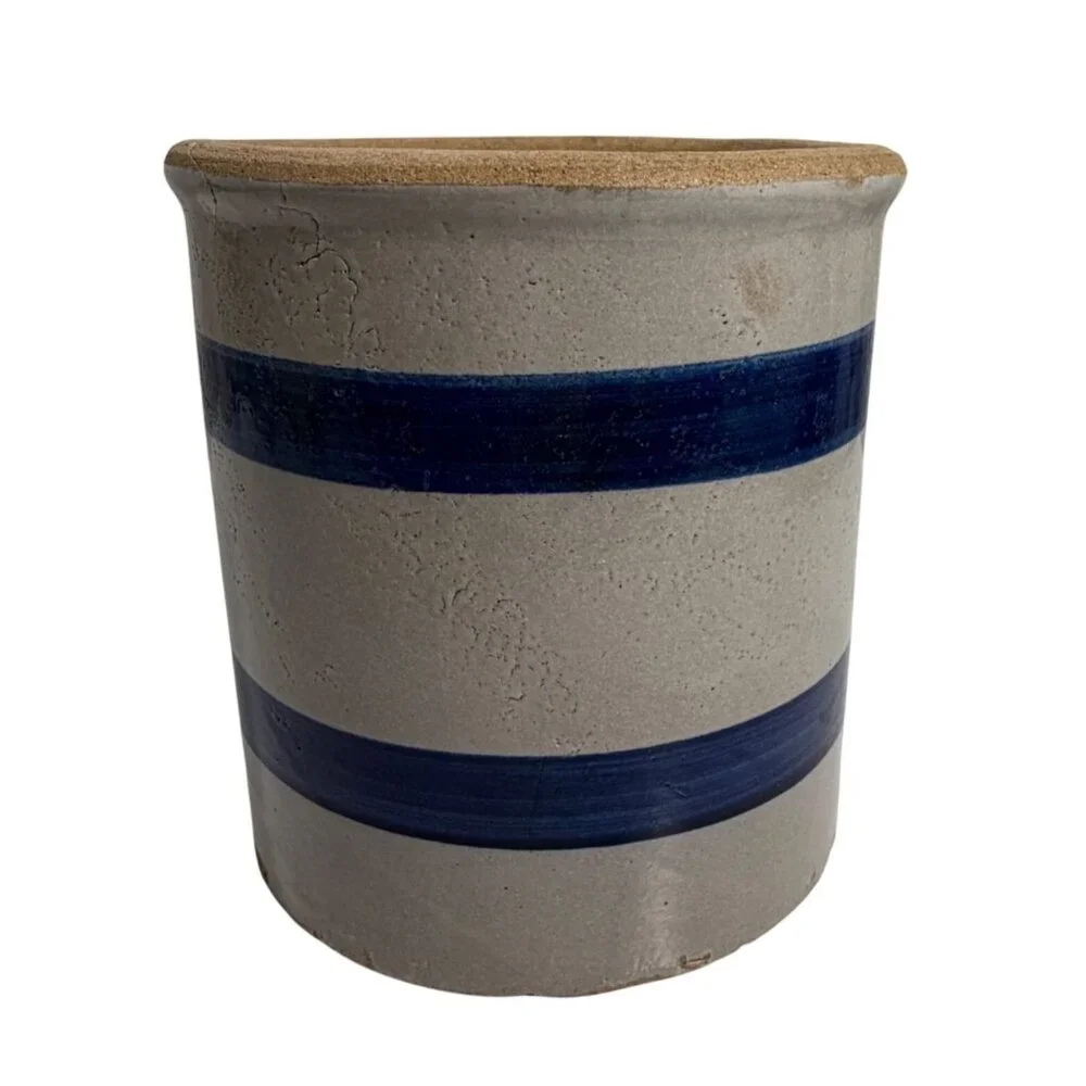 Stoneware Crock w/ Blue Stripes - Rustic Kitchen Utensil Holder Decorative Vase